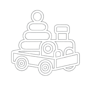 Line drawing of a toy wagon filled with stacked rings, blocks, and other toys.