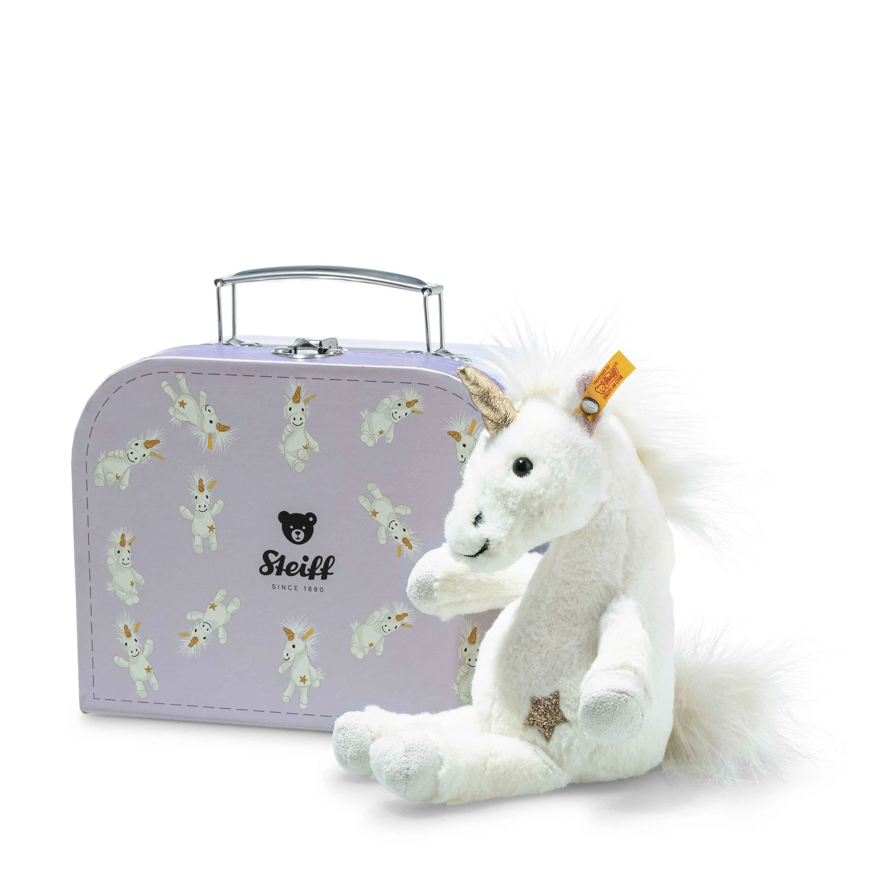 Steiff Unica Dangling Unicorn in Suitcase – White/Pink (20cm)