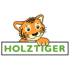 Cartoon tiger peeking over a sign that says 'HOLZTIGER' in green letters.