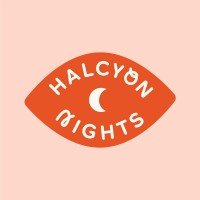 Logo with a red eye shape featuring the words 'HALCYON NIGHTS' and a crescent moon