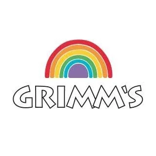 A rainbow above the word 'GRIMMS' with a white background.