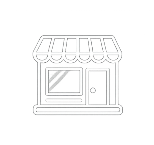 Line drawing of a small storefront with an awning and a door, with a window on the front.