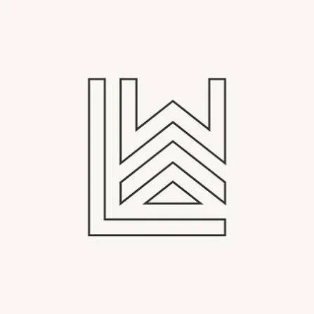 Geometric line art of the letters L and W stacked in a stylized, minimalistic design on a light background.