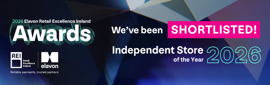 Graphic announcing the 2026 Elavon Retail Excellence Ireland Awards, indicating the company has been shortlisted for Independent Store of the Year.