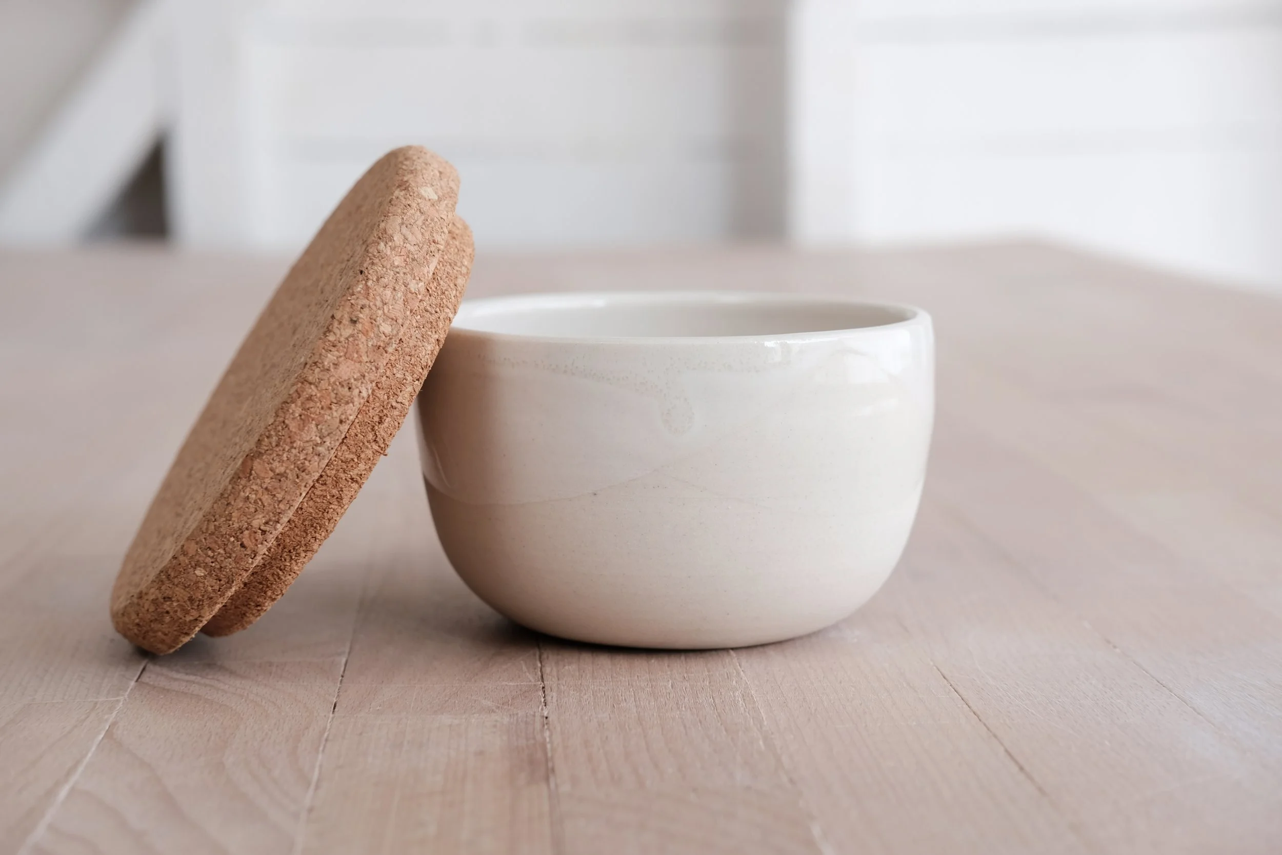 oat salt cellar with natural cork lid - handmade, porcelain