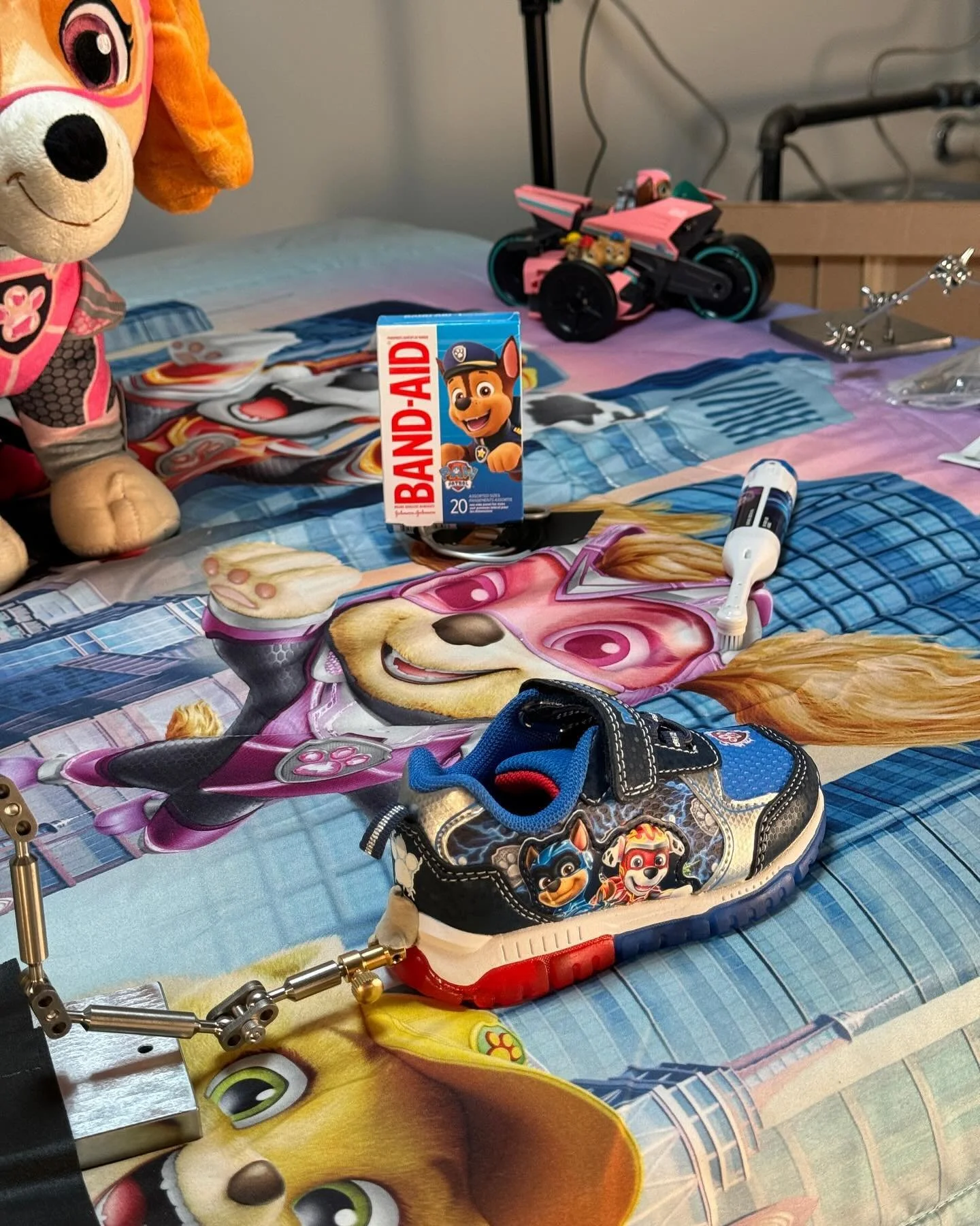 Behind the scenes for the making of our PAW Patrol stop motion ad for @nickelodeonfamily. As you can see, a LOT of moving parts for the closing shot where Skye was jumping, Liberty was riding through, the Band Aids were bouncing, as was the shoe, AND