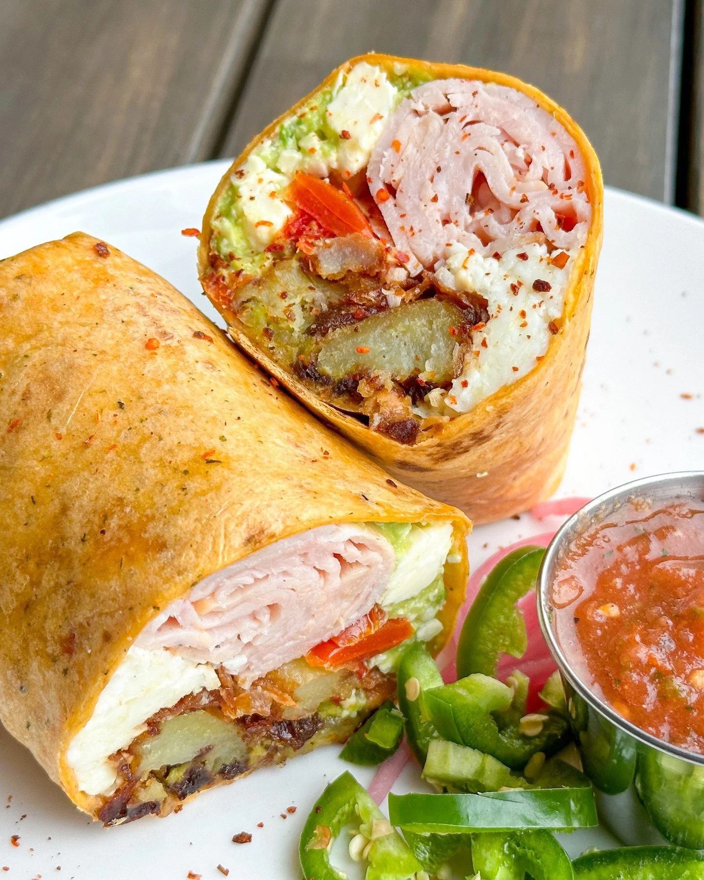 Our Morning Wrap is packed with all the good stuff you need to start the day off right &mdash; fluffy scrambled egg whites, roasted turkey, feta, avocado, roasted tomatoes, and a few crispy potatoes for salt and crunch.

Perfect with your first cup o
