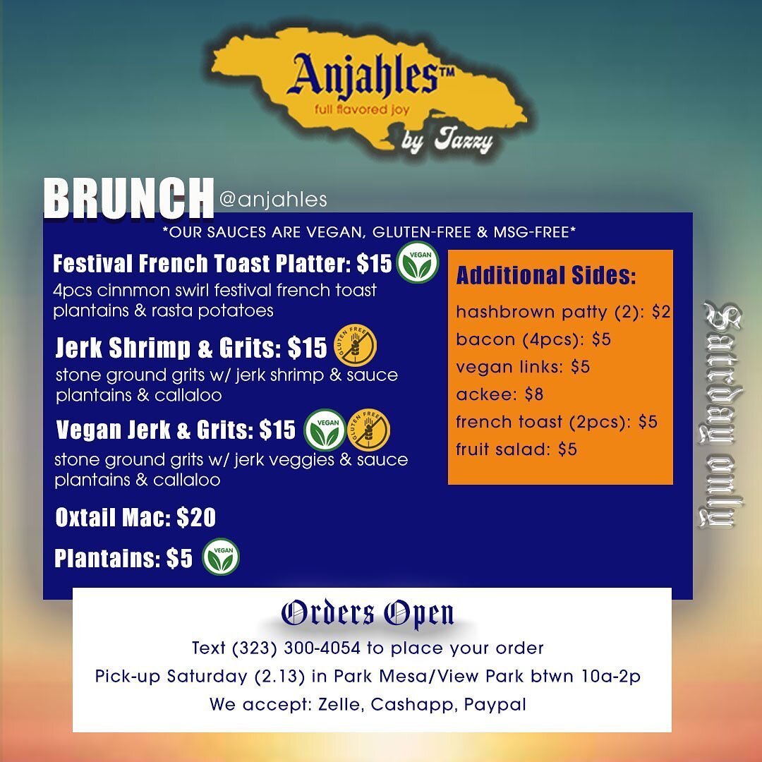 WHO ELSE MISSES BRUNCH!?!? We do! THIS SATURDAY we&rsquo;re switching it up &amp; serving some delicious #fullflavoredjoy from 10a-2p. Text (323) 300-4054 to secure your plate for pickup 📲
🍳🧇🥞🥐🥓🥯🥑
*
*
*
*
*
*
#anjahles #plantbased #veganbrunc