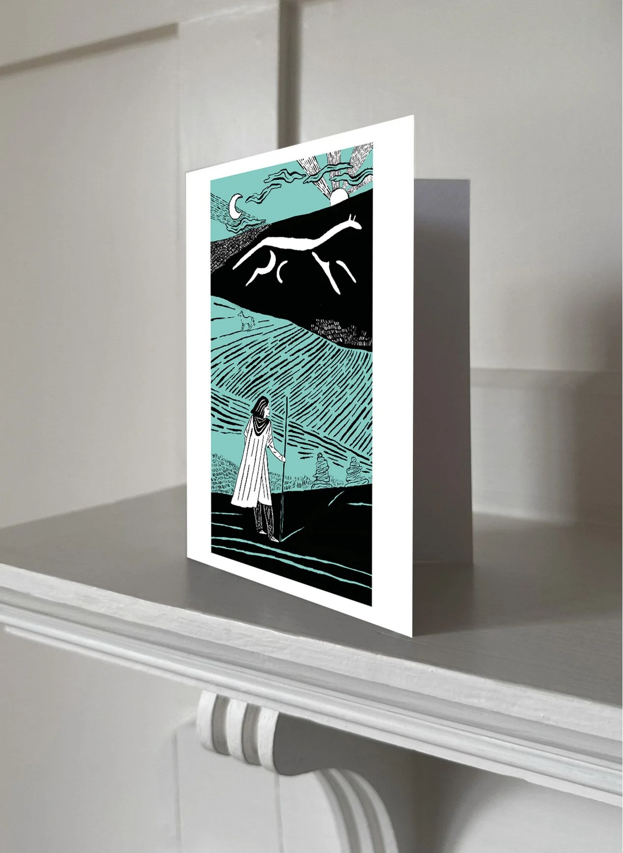 Greetings card by Isabel Greenberg of the front cover of Rosemary Sutcliff's classic children's novel Sun Horse, Moon Horse, published by Manderley Press