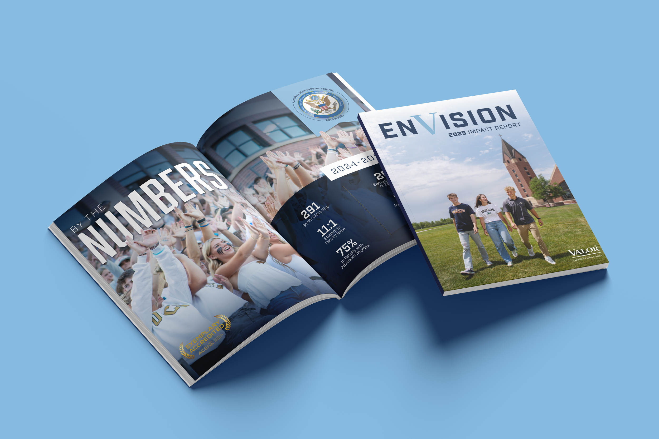 Valor Christian’s Annual Impact Report blends
financial transparency, fundraising goals, and
community stories into a cohesive, visually
compelling publication. The clean, modern
design approach transforms complex data into
clear, engaging content.