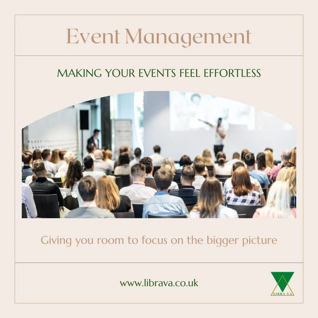 ✨ Planning an event soon? Let Libra VA Services support you.

Our Event Management Package is designed to take the stress out of event planning and management, giving you expert remote support from start to finish - so you can focus on delivering a g