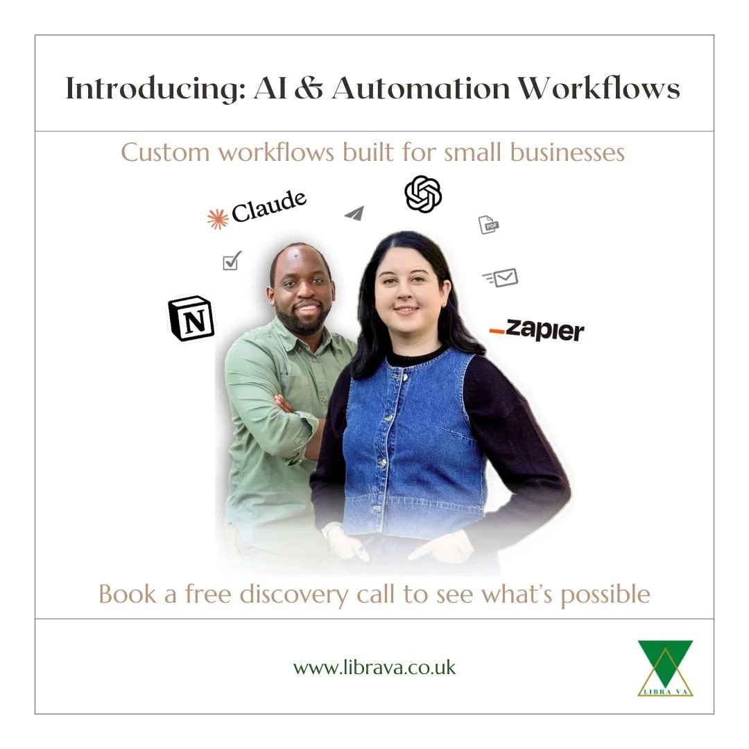 New at Libra VA Services: AI &amp; Automation Support 

We&rsquo;re excited to introduce a new service at Libra VA - focused on practical, human-first AI and automation for small businesses.

This isn&rsquo;t about chasing shiny tools or removing the