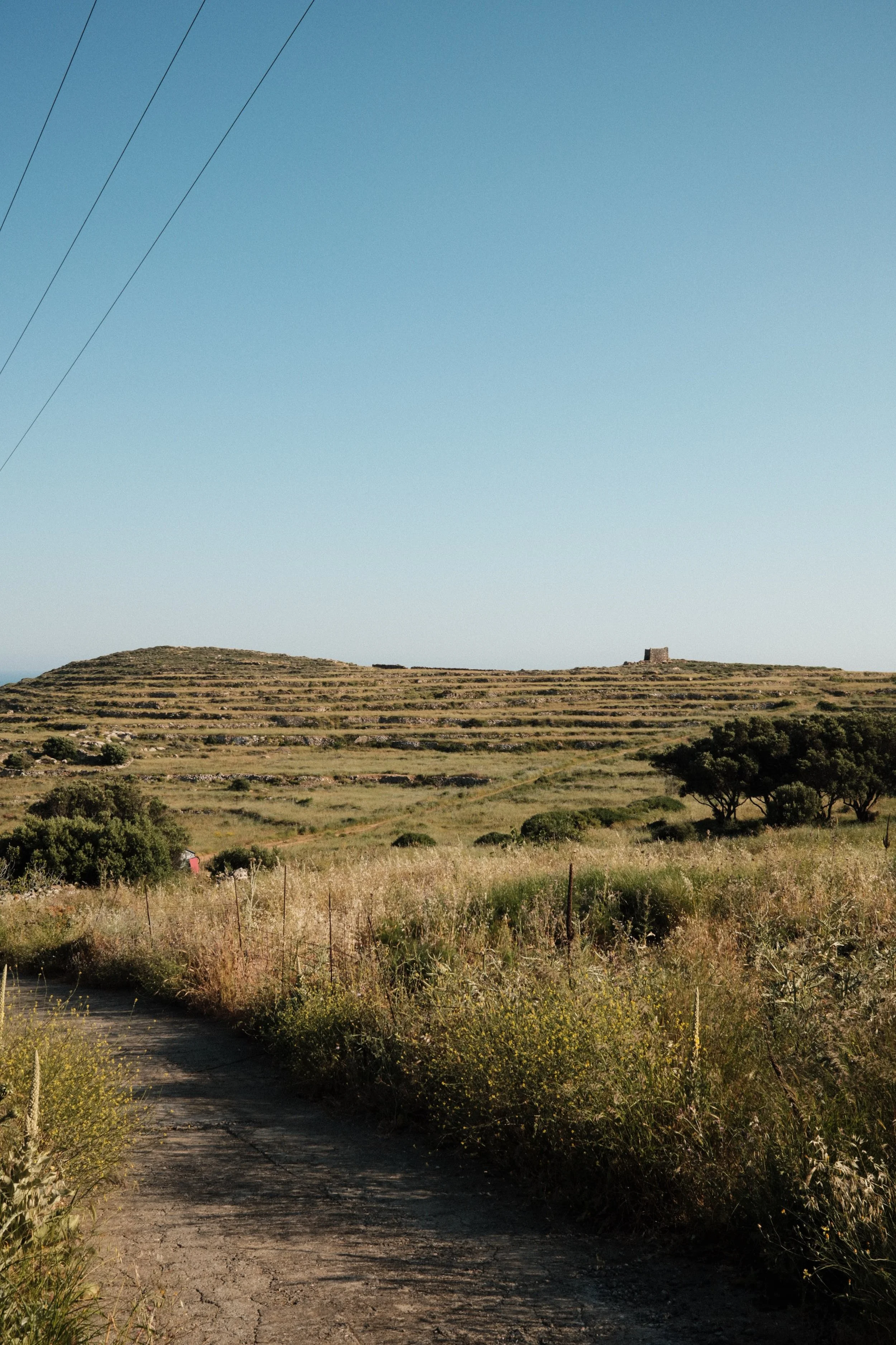 A rural landscape with a dirt road in the foreground, greenery on both sides, a terraced hill in the middle distance, and a small stone tower on the hilltop under a clear blue sky.