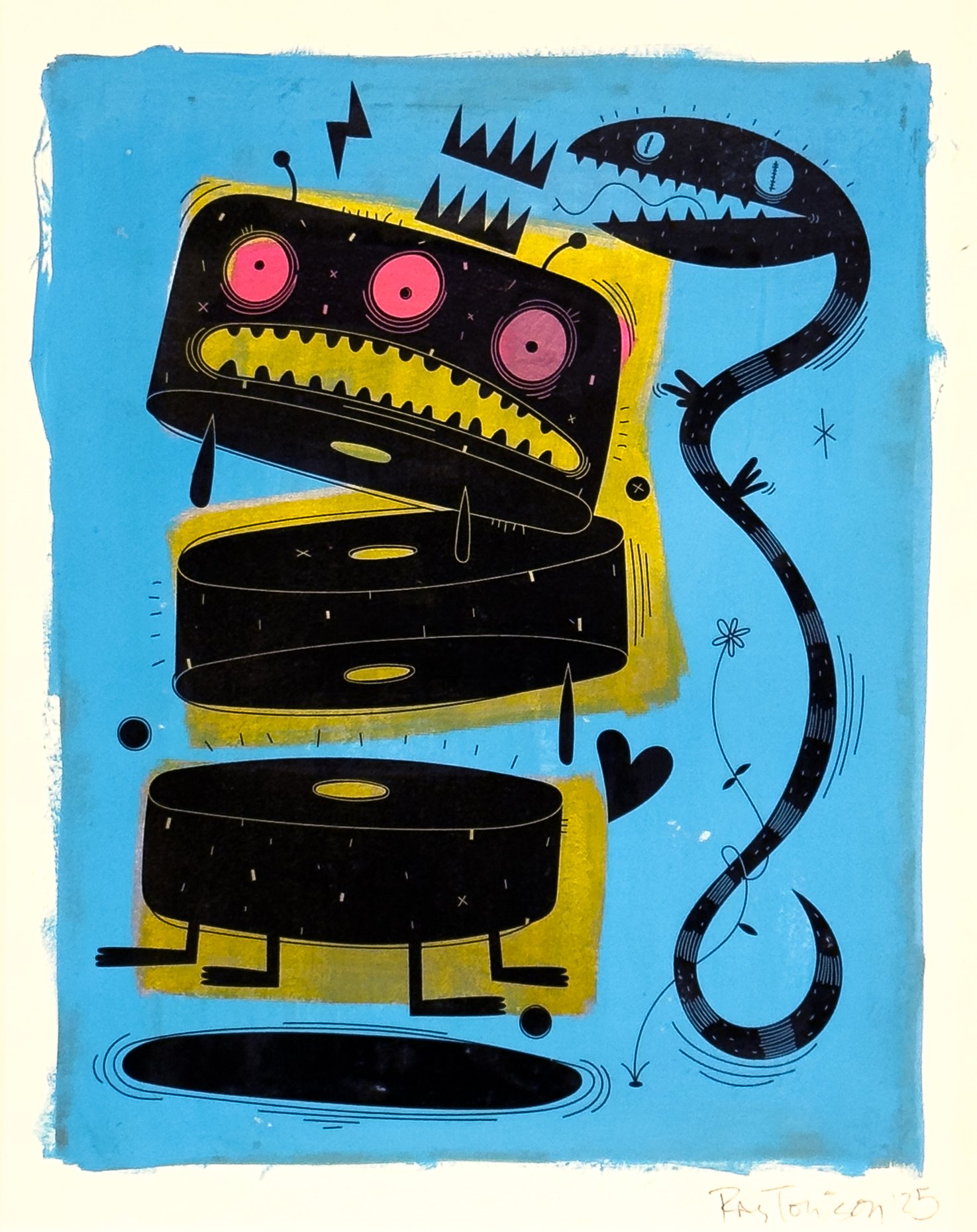Colorful abstract drawing of a cartoon monster with large round eyes, jagged teeth, a long tail, and rounded body segments, set against a light blue background.