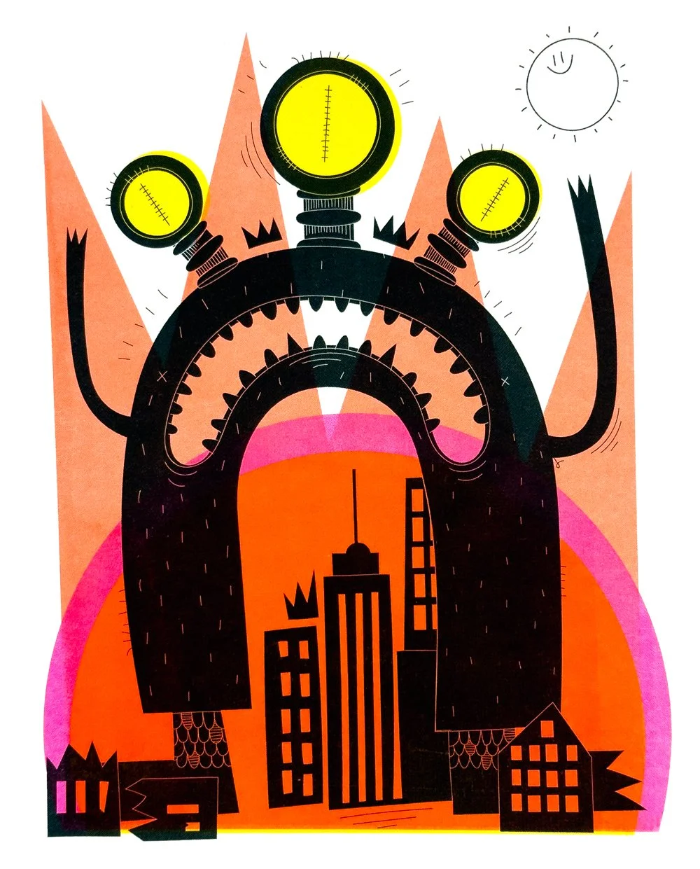 An abstract illustration of a giant monster with multiple yellow eyes and large black arms behind a cityscape at sunset, with a sun and mountains in the background.