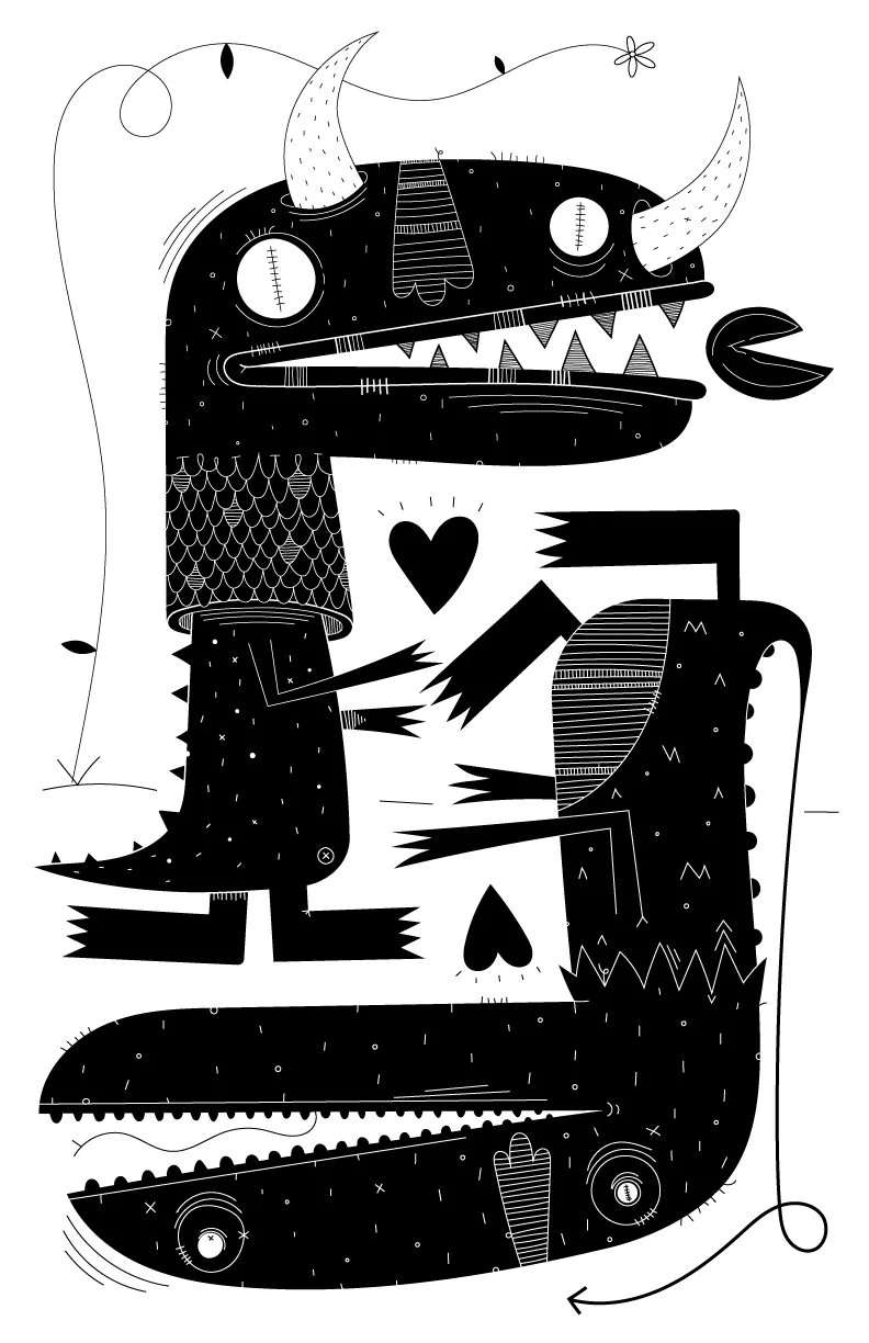 A black and white whimsical illustration of a dragon with horns, sharp teeth, and a long tongue, sitting upright with its tongue out. The dragon has various textured patterns on its body, and a small heart symbol near its chest. The background includes simple decorative elements like leaves and coiled lines.