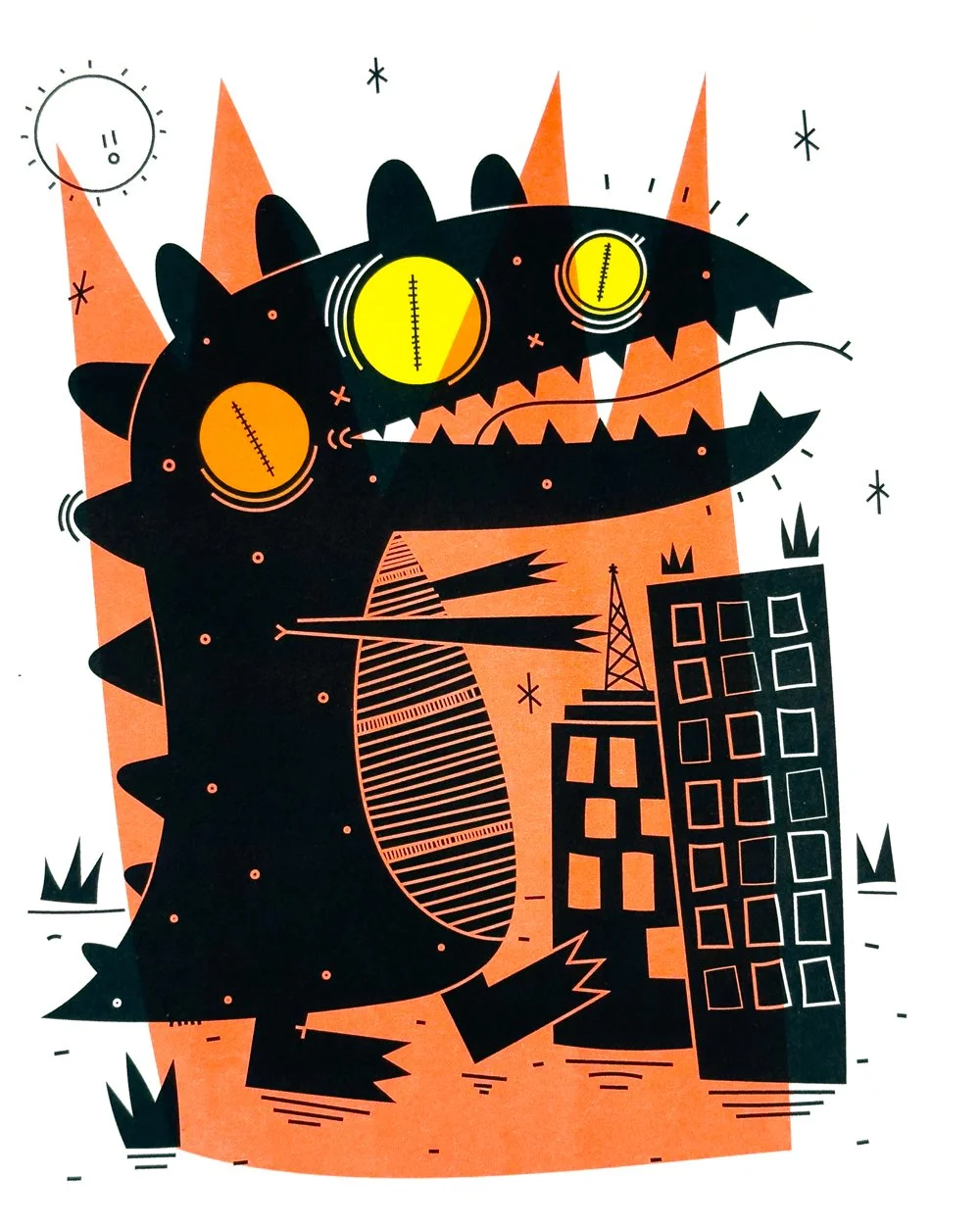 Cartoon illustration of a black monster with spiky back, large yellow eyes, sharp teeth, standing in front of buildings with orange and black colors and stars in the sky.