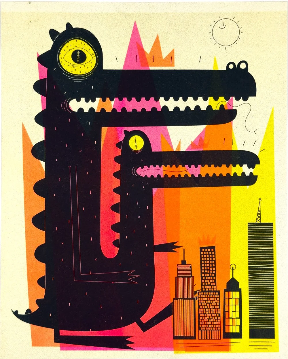 Stylized illustration of two black crocodiles with geometric features and colorful background, including abstract city buildings, a smiling sun, and mountain shapes.