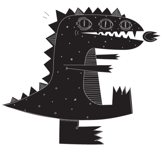 A black and white cartoon-style drawing of a dinosaur with three eyes on top of its head, a spiky back, and small wings. The dinosaur has a long tail and appears to be roaring.