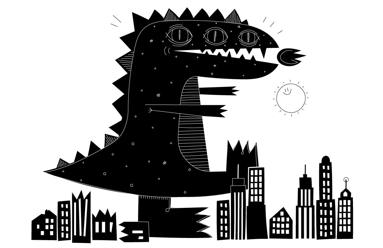 Black and white cartoon-style drawing of a giant dinosaur with three eyes, standing among tall buildings in a cityscape, with a smiling sun in the sky.