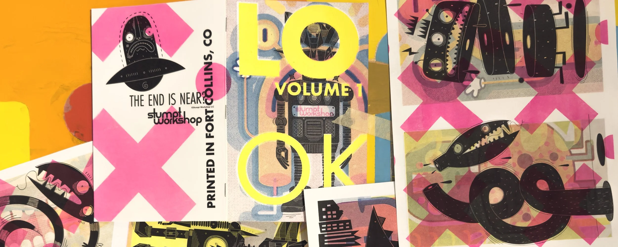 Colorful posters with bold graphic designs, featuring text and illustrations of robots and abstract shapes, related to workshops and events.