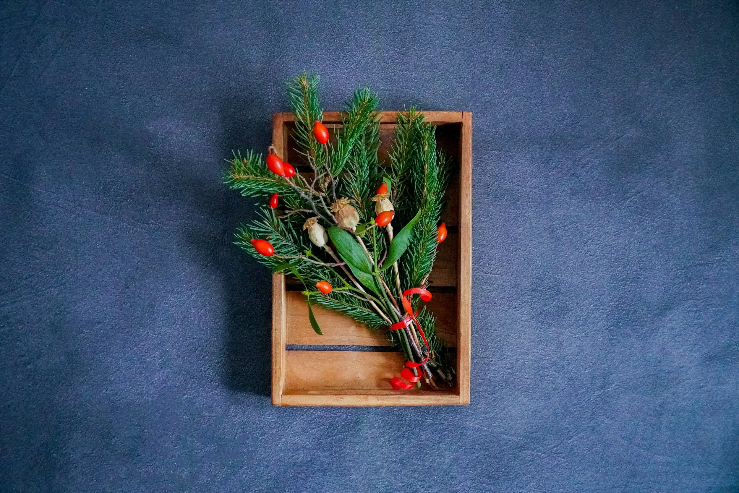 Mistletoe in a box. Blue background