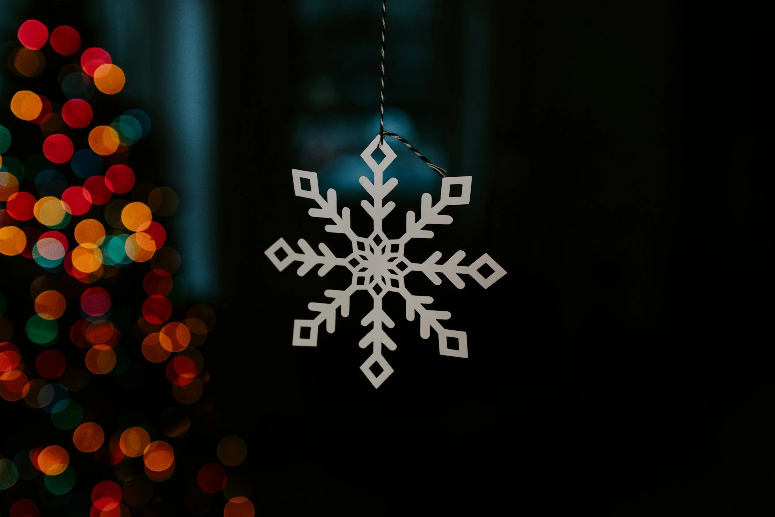 paper snowflake hanging with red. christmas tree lights in the background