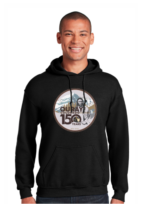 Guy with 150th logo on sweatshirt