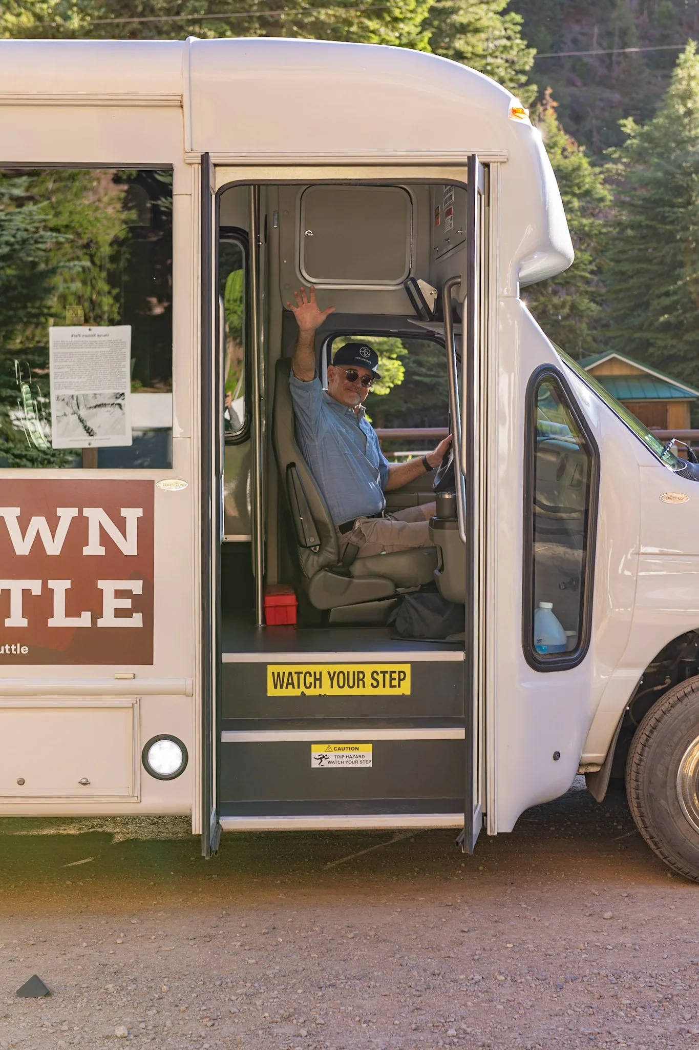 Bus driver on free in-town shuttle bus in Ouray