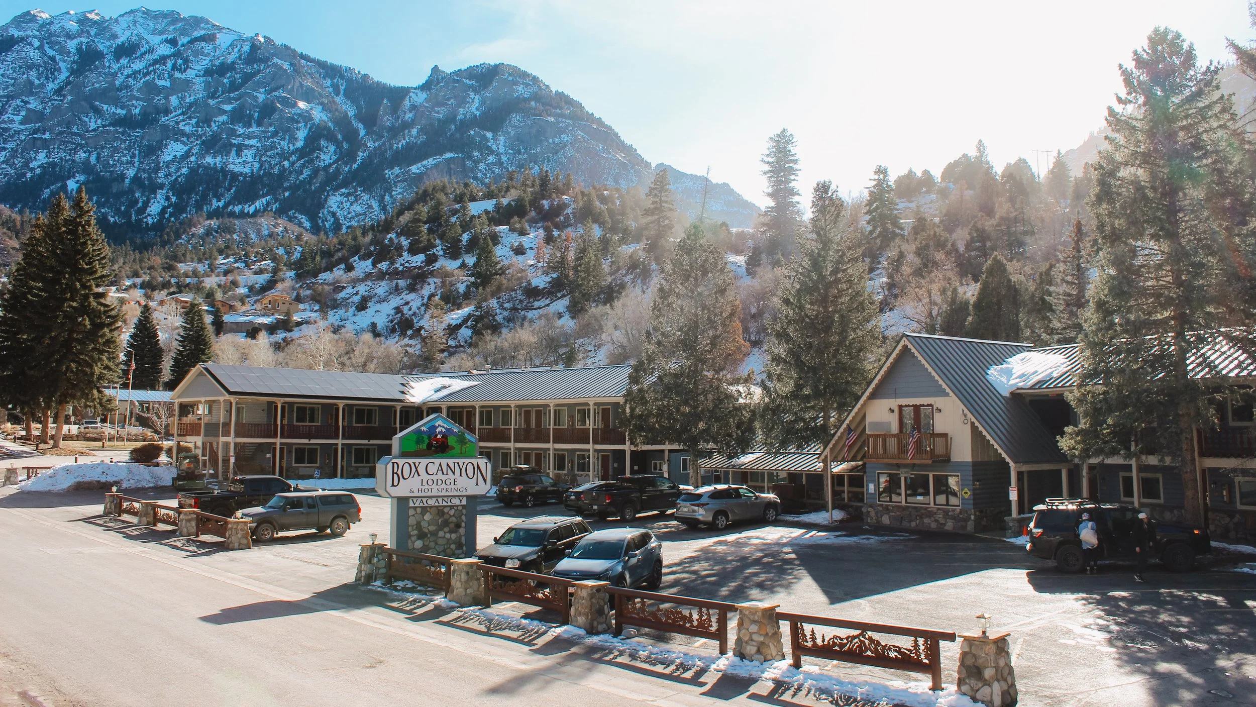 Snowy image of box canyon lodge