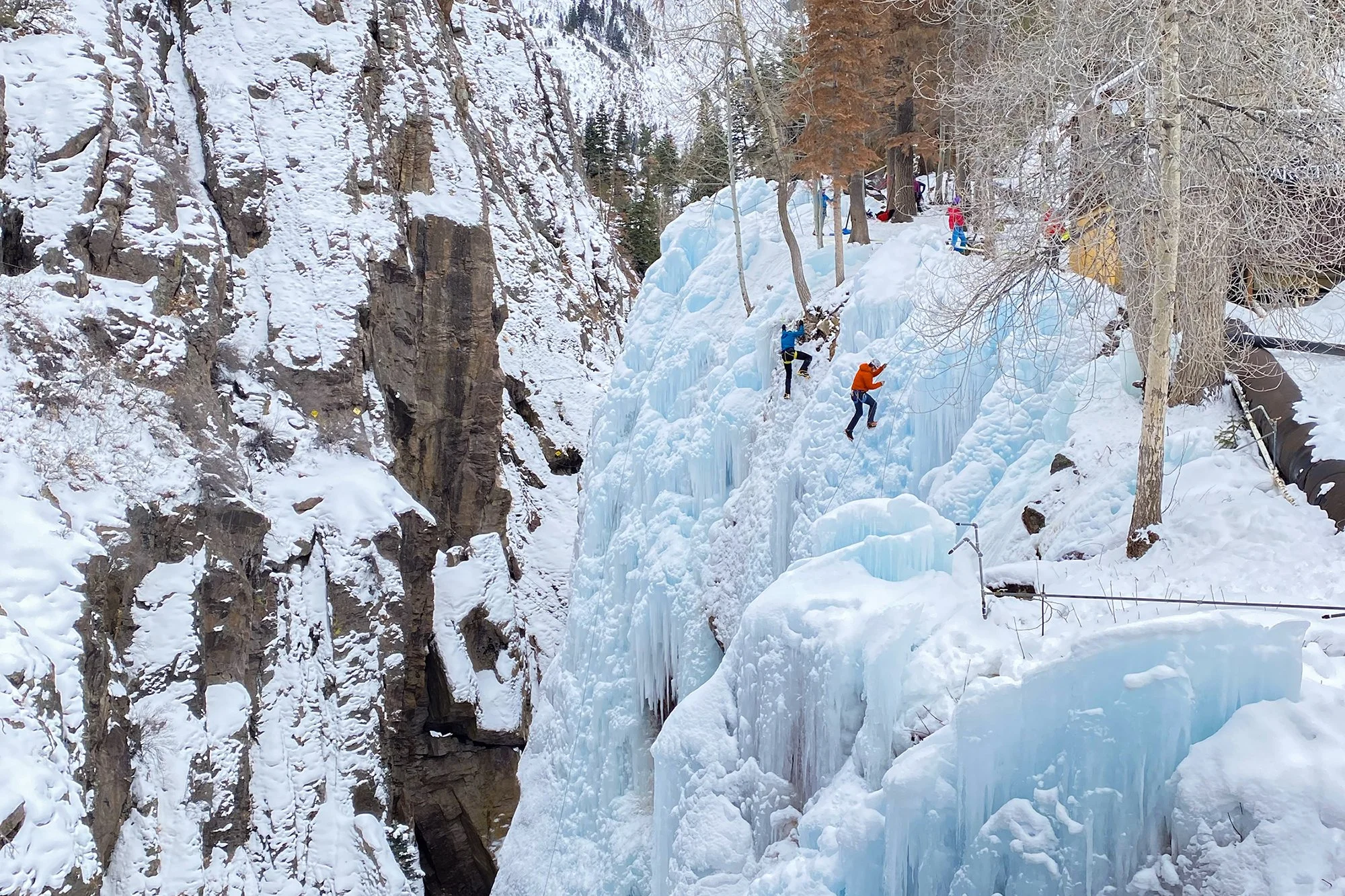 Ice Climbers ascend frozen waterfalls in the Uncompahgre Gorge.