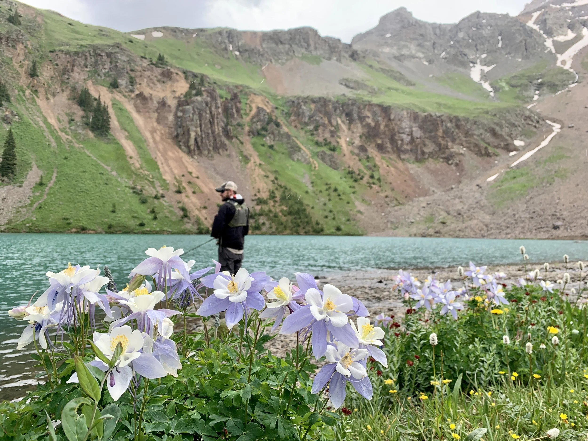 Person fishing in high alpine lake with columbine flowers in Ouray