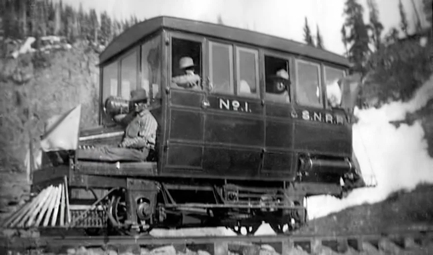 Early 1900s railcar designed for narrow mountain turns in the San Juan Mountains of Colorado