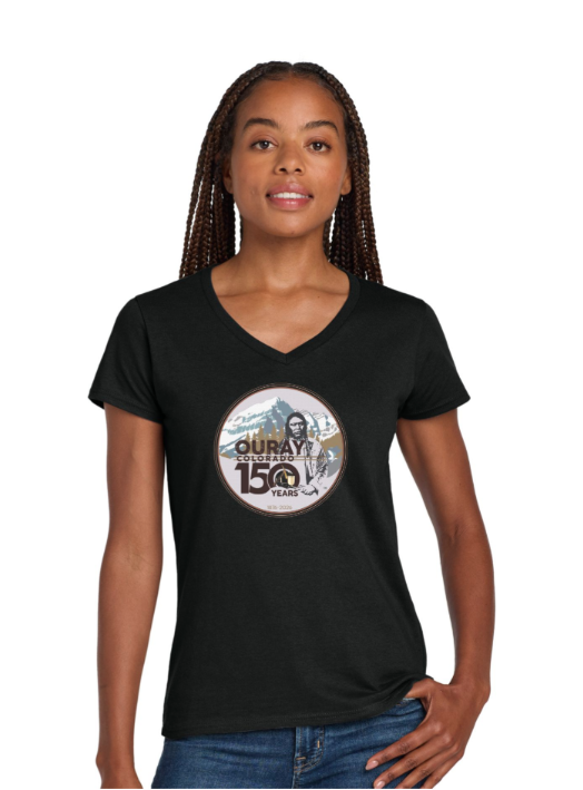 Girl wearing black t-shirt with 150th logo