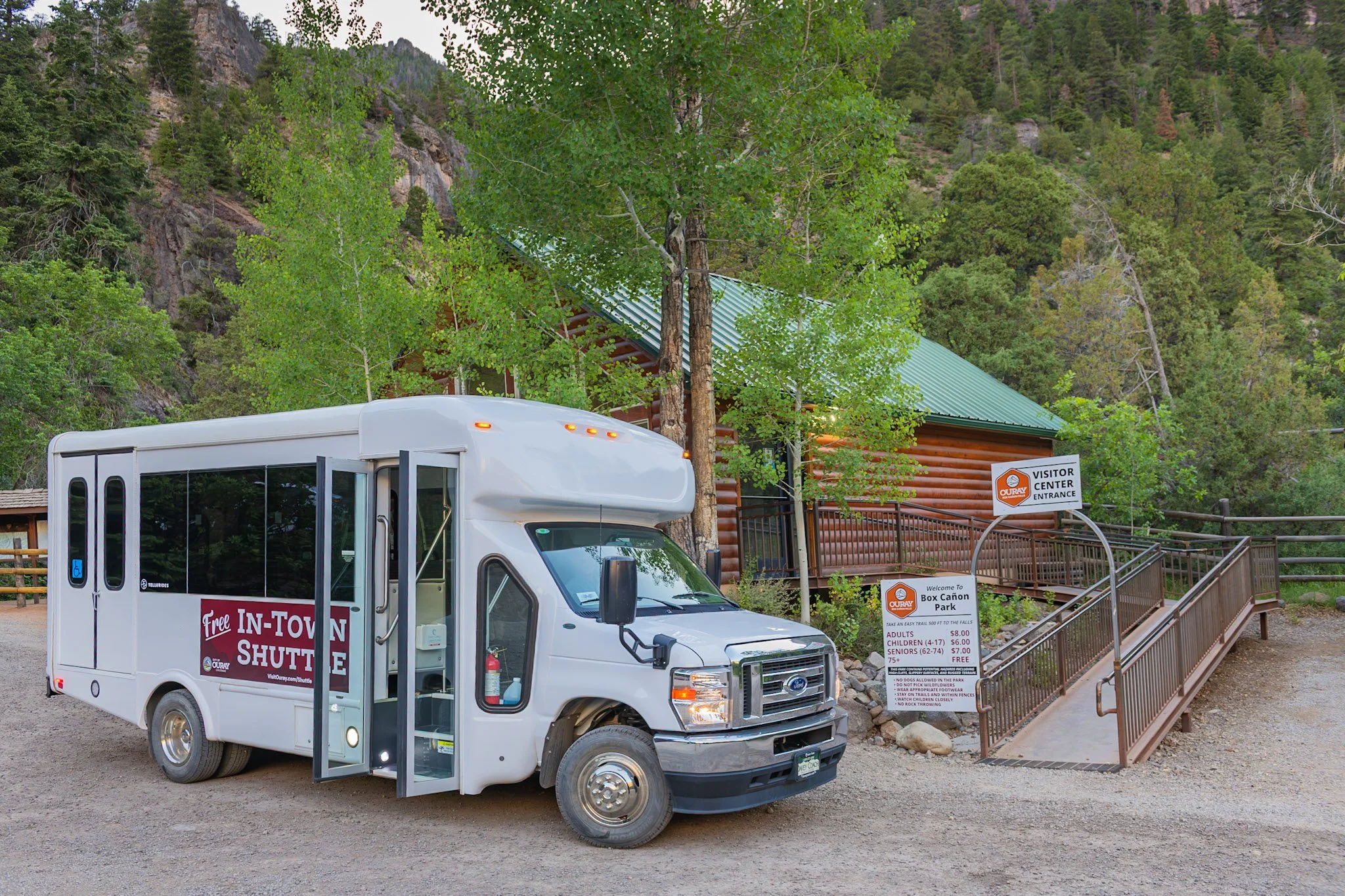 Free In-town shuttle bus in Ouray at Box Canyon Falls stop