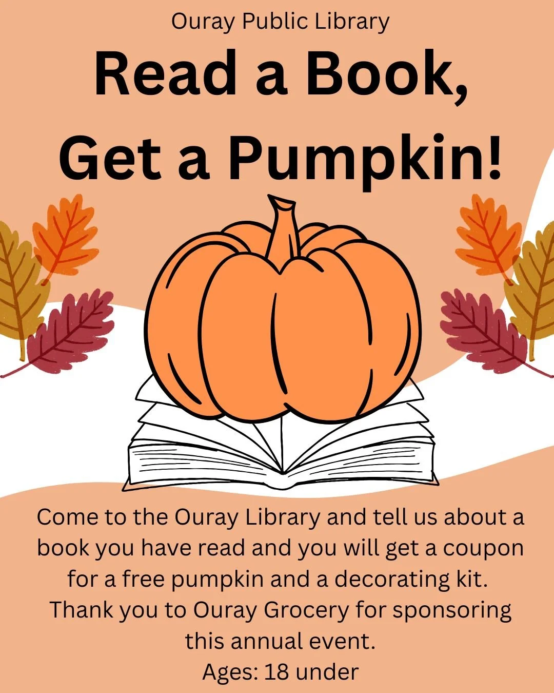 Read a Book, Get a Pumpkin flyer by Ouray Public Library