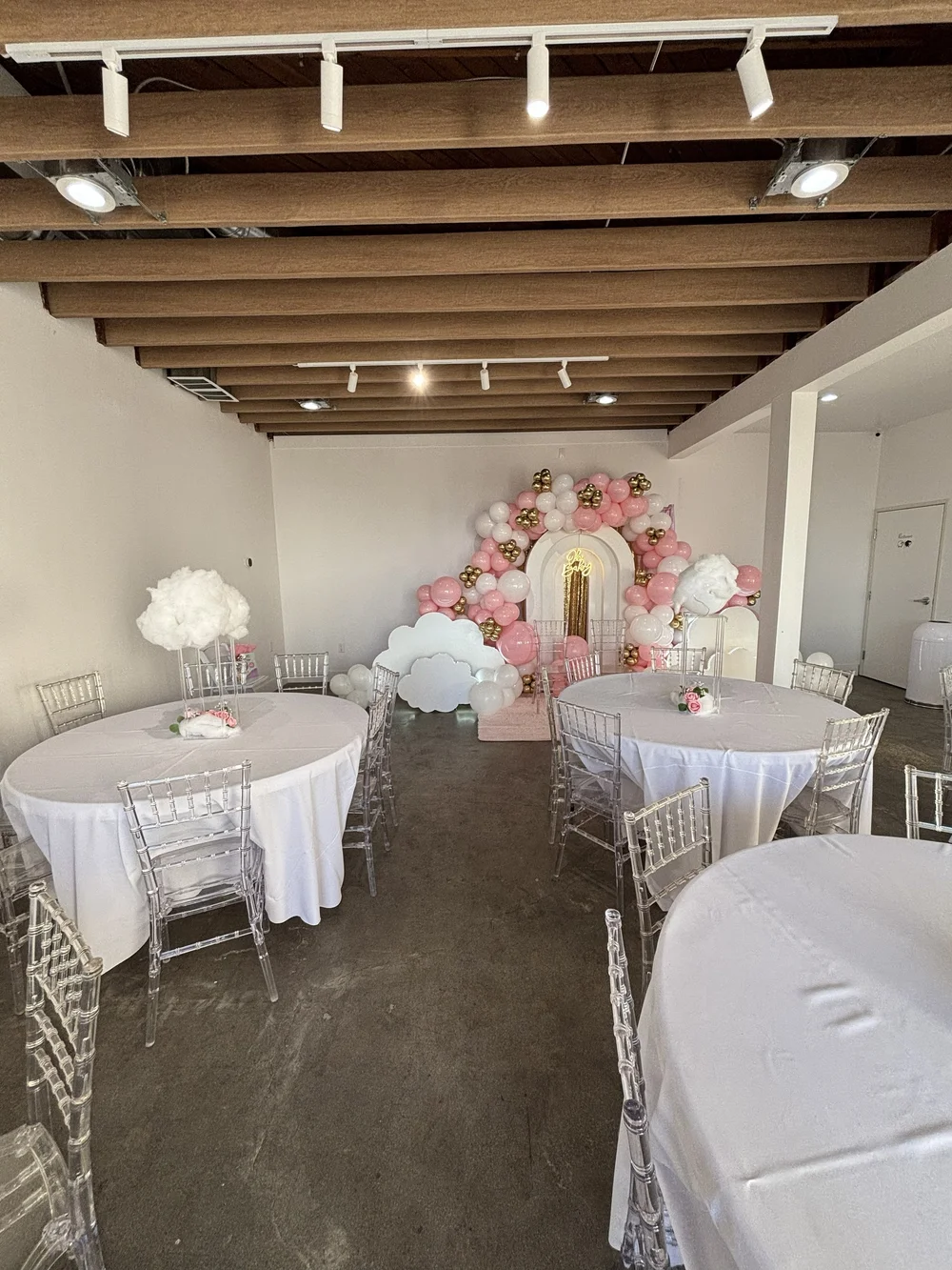 The Cotton Candy Factory event venue in Norwalk, CA, pink balloon arch setup