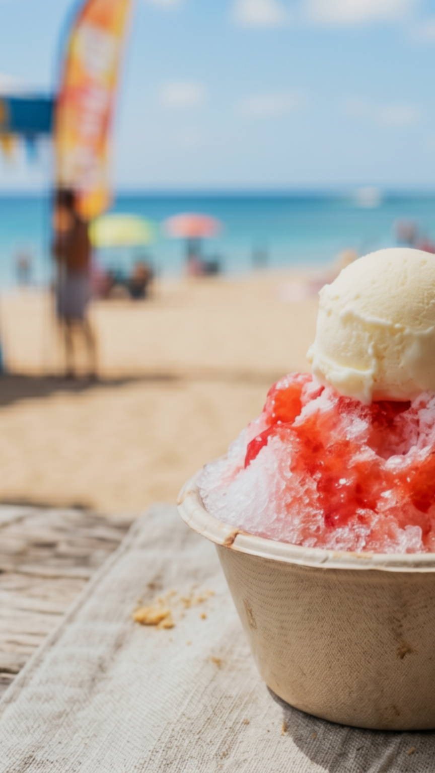 a bowl of shaved ice with strawberries and ice cream on top