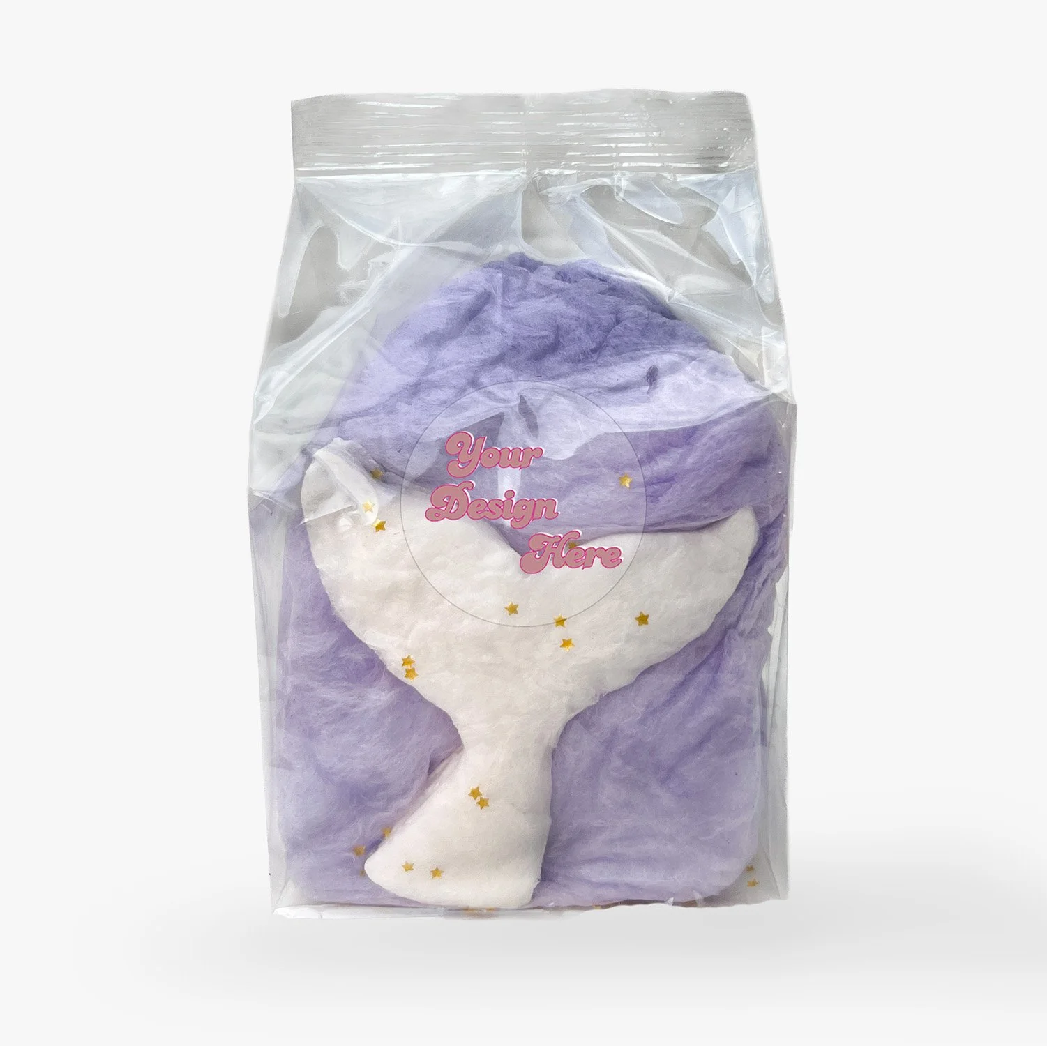 a blue cotton candy favor bag with an edible mermaid tail edible glitter and custom label