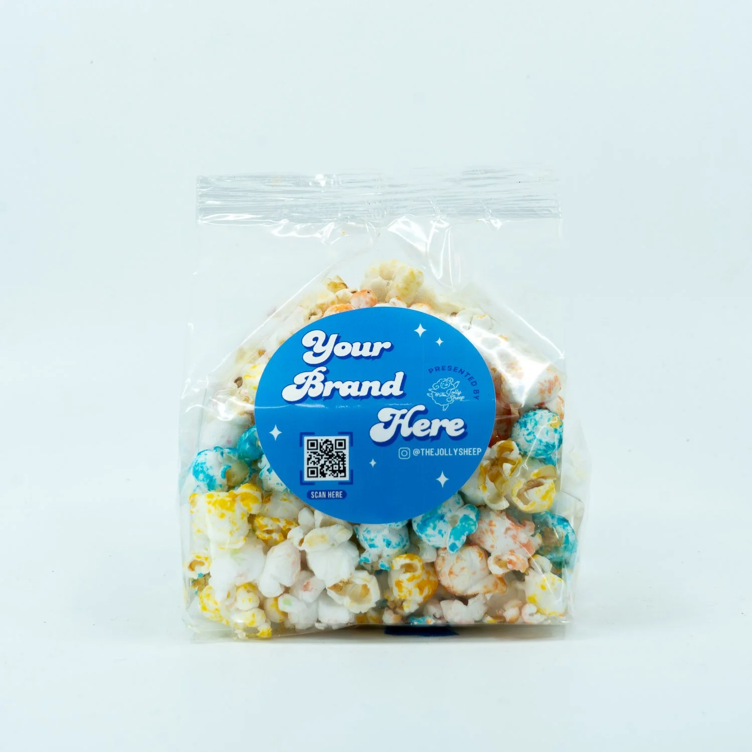 Multi-colored popcorn in a bag with custom branded label