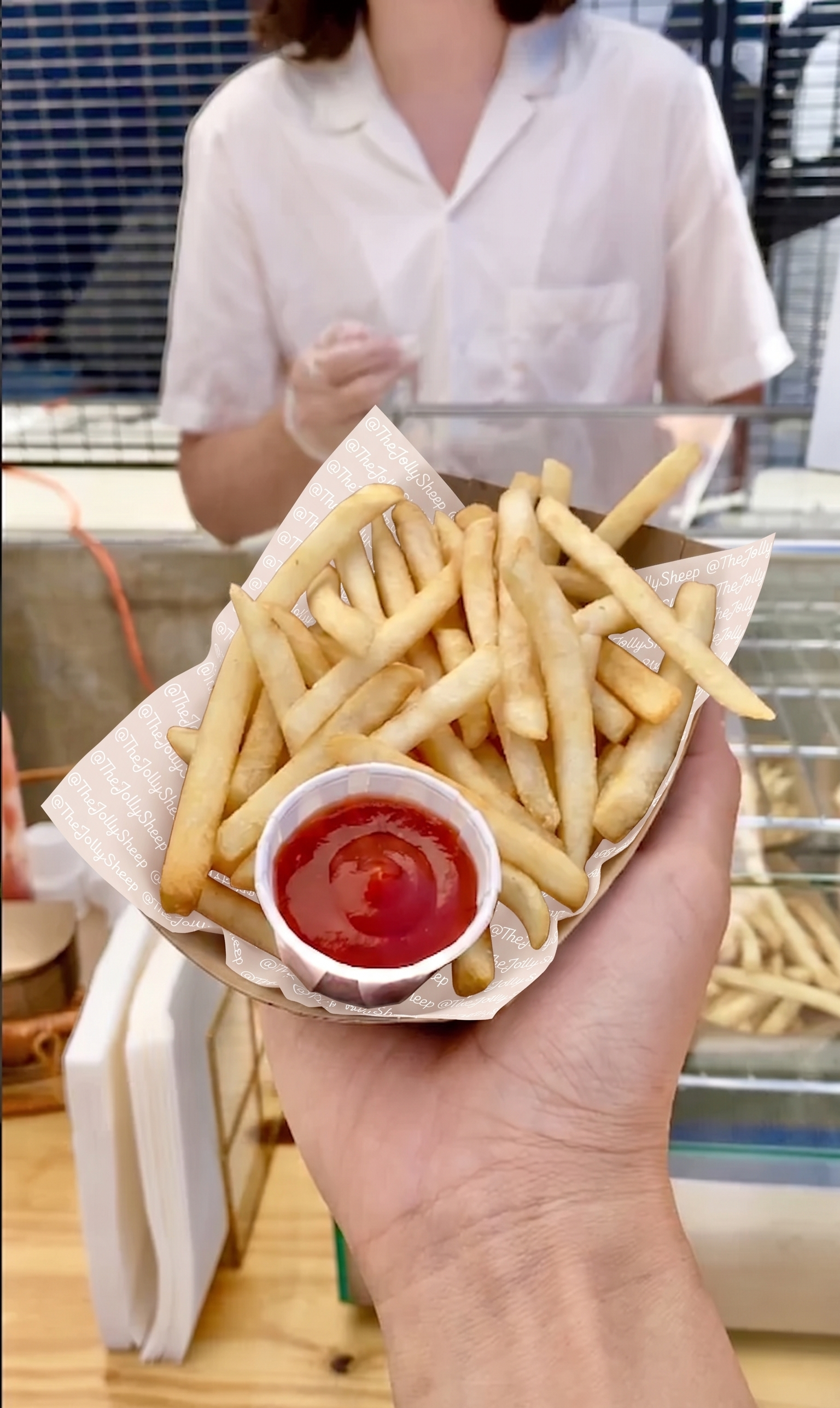 A single serving of The Jolly Sheep french fry catering