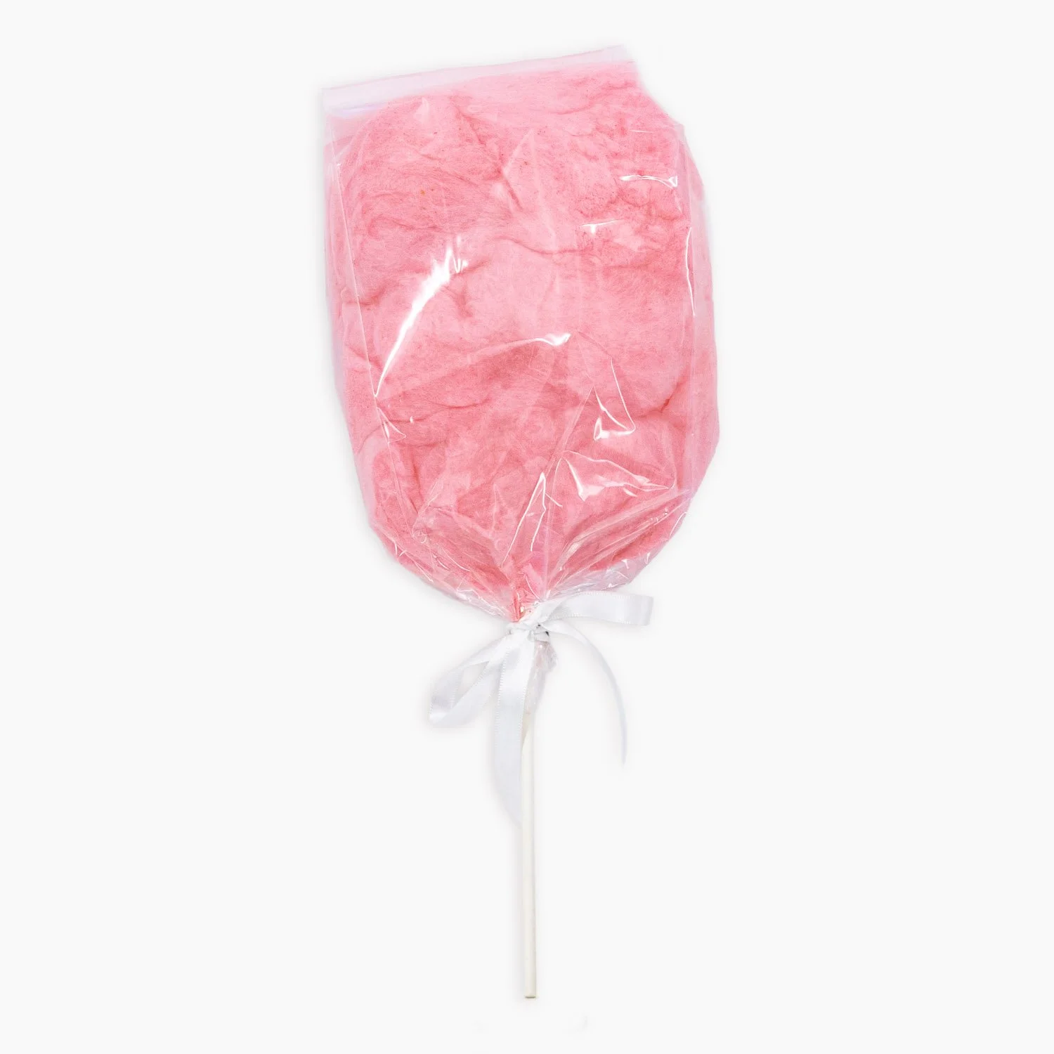 pink cotton candy on a stick with a white ribbon