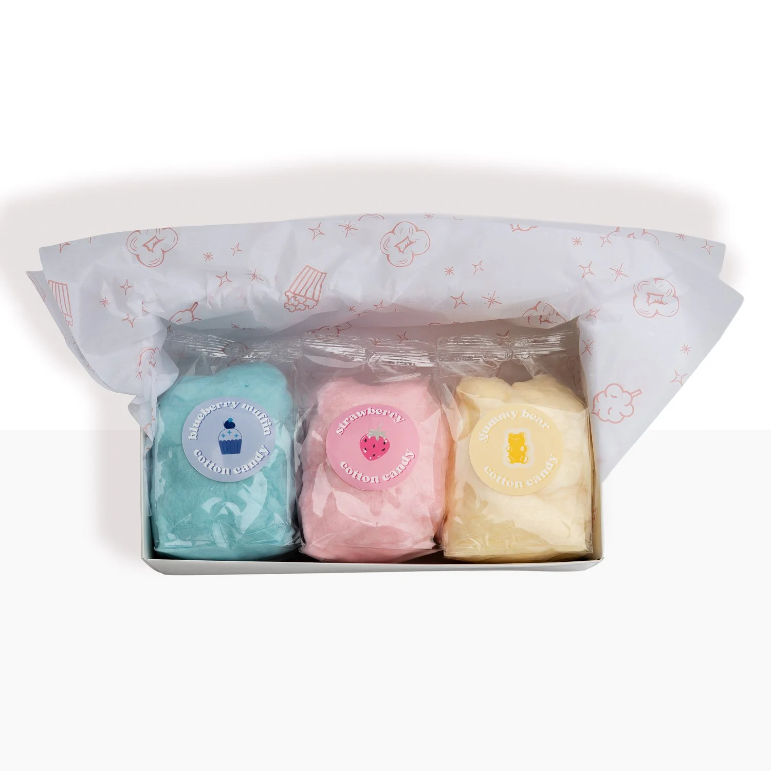 a 3 piece gift box of cotton candy with fruity flavors