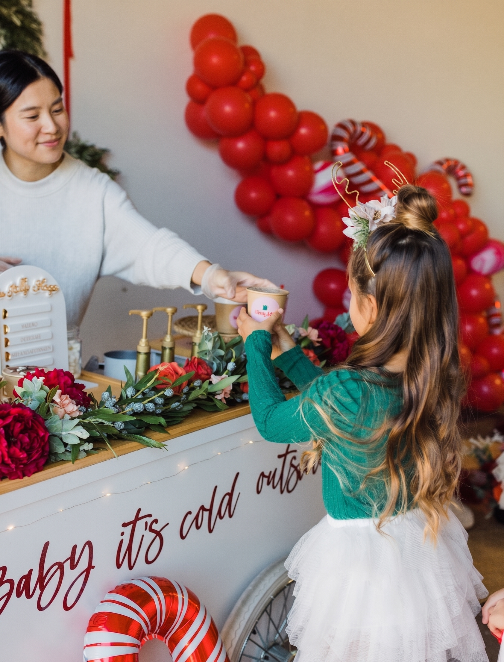An attendant at The Jolly Sheep's hot chocolate catering cart serving a guest