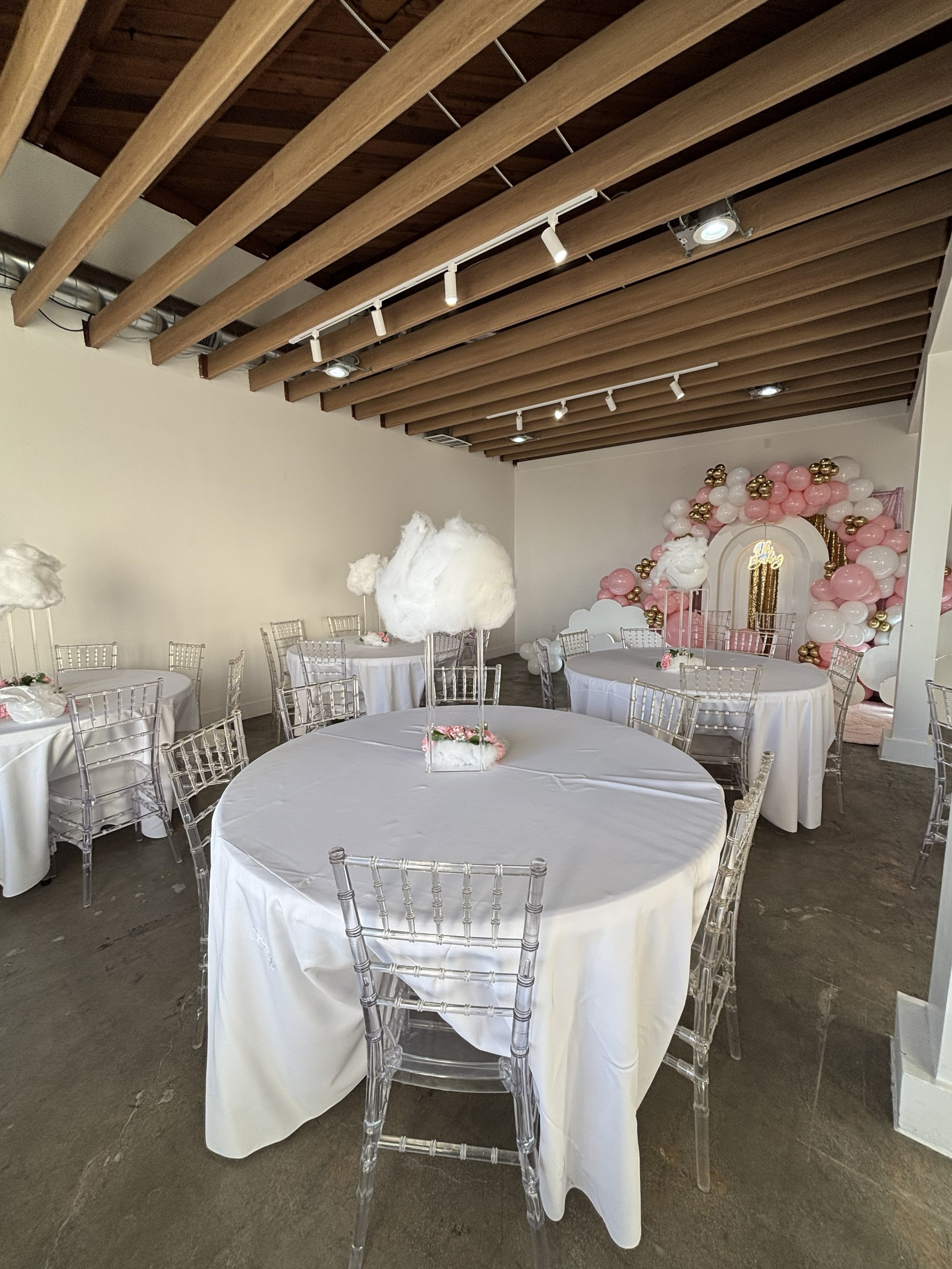 High wood beam ceiling at The Cotton Candy Factory event venue