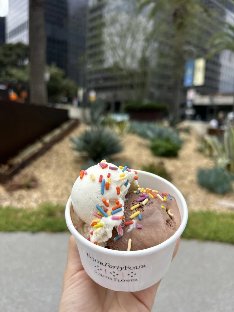 Vanilla and chocolate gelato with natural-color sprinkles in a custom cup for a downtown Los Angeles office building event.