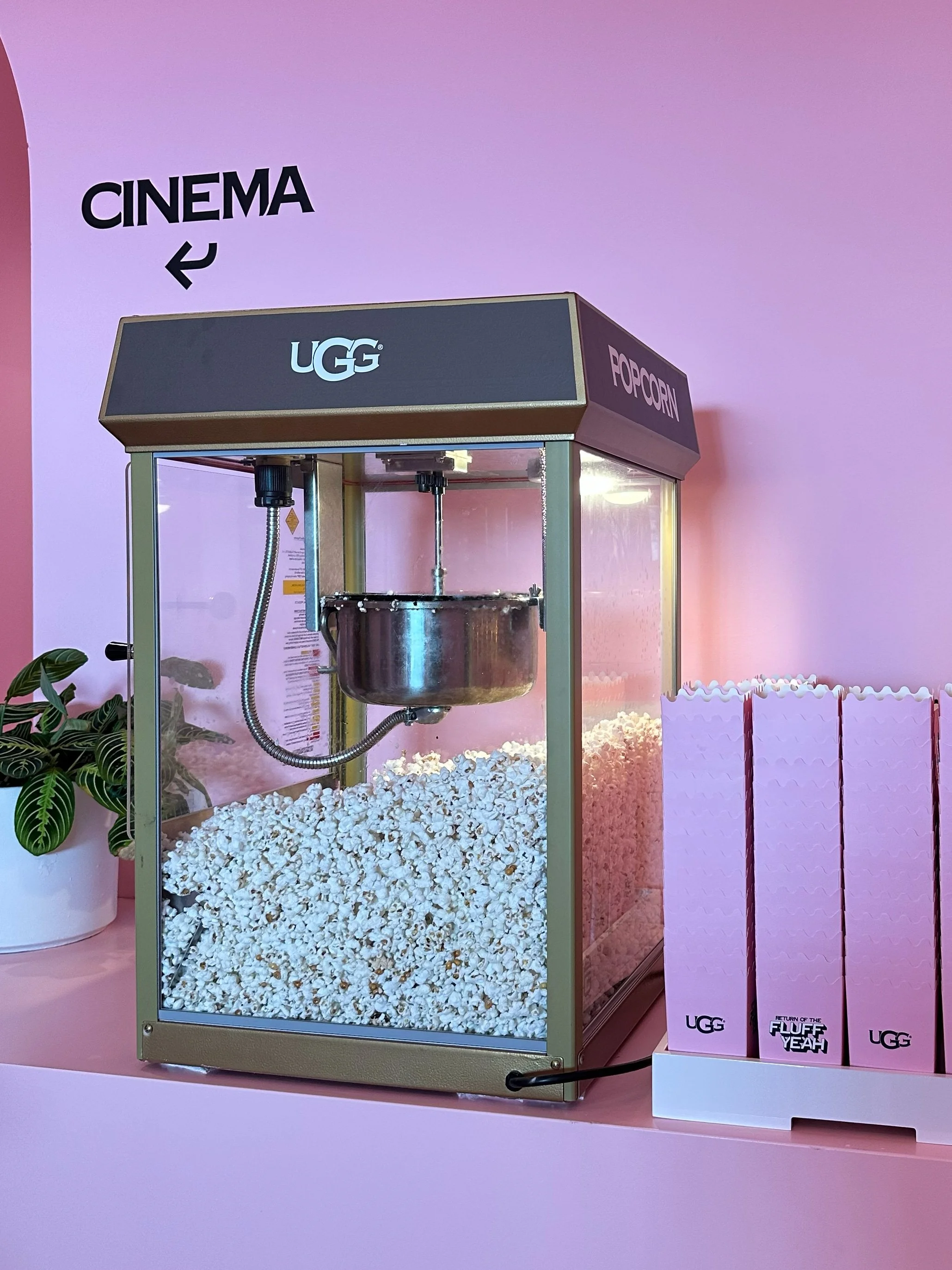 a uniquely gold popcorn machine with an attached vinyl with the UGG logo on the top panel