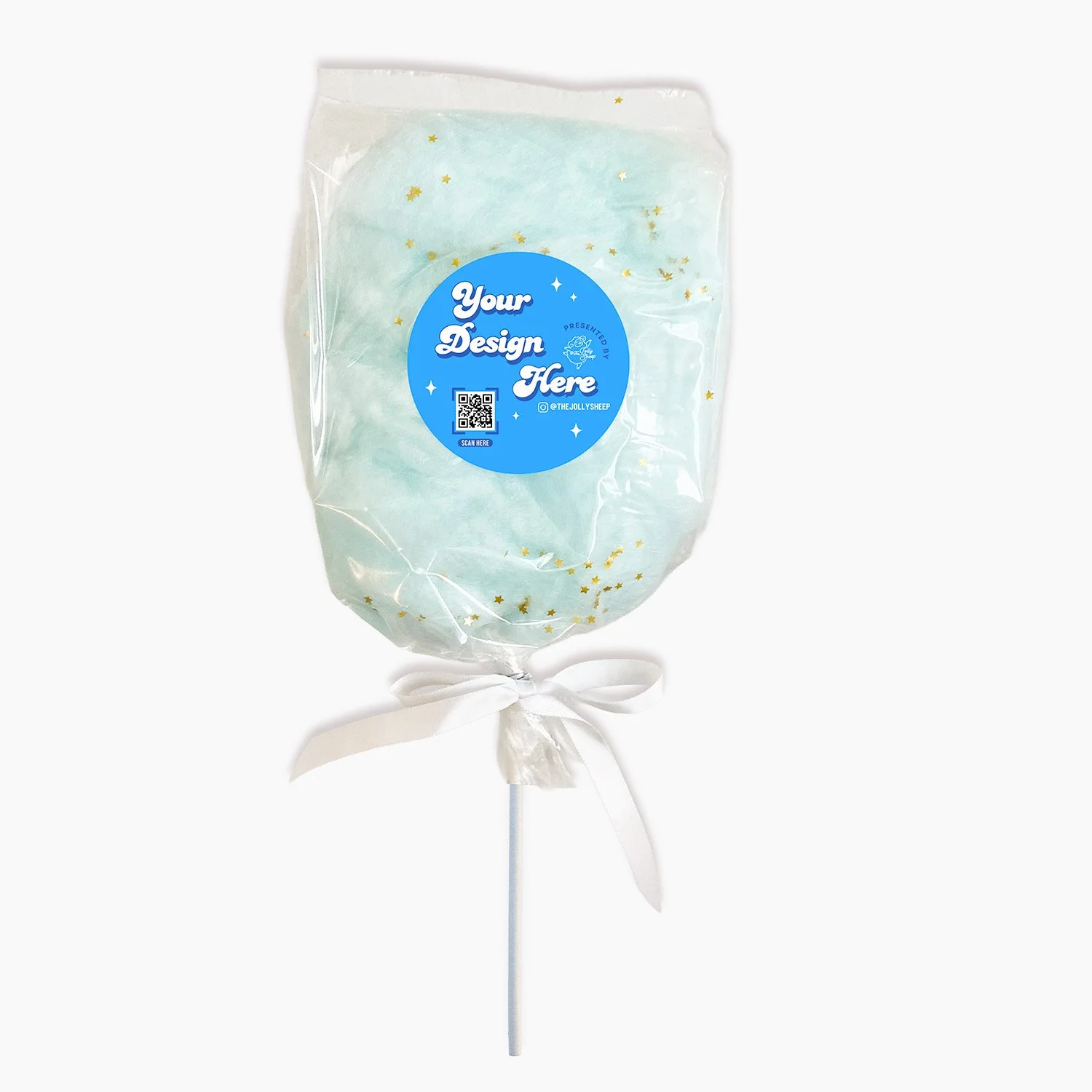 white package cotton candy on a stick with a blue custom label and white ribbon