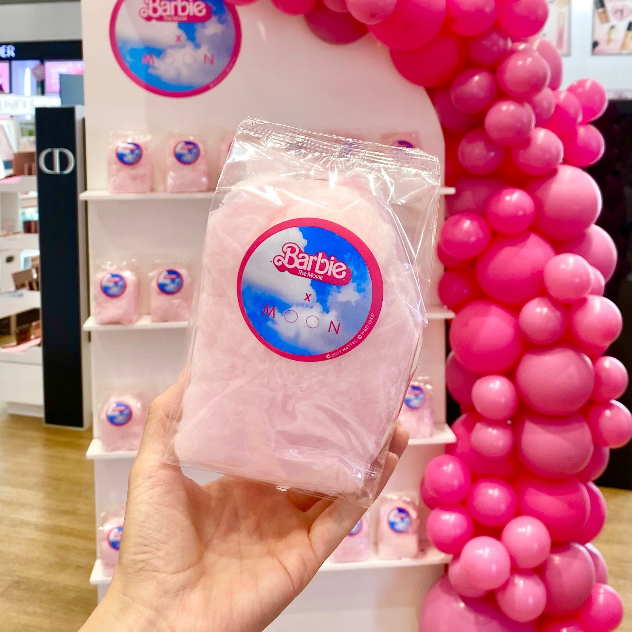 Custom branded cotton candy favor for a Barbie Moon Sephora activation