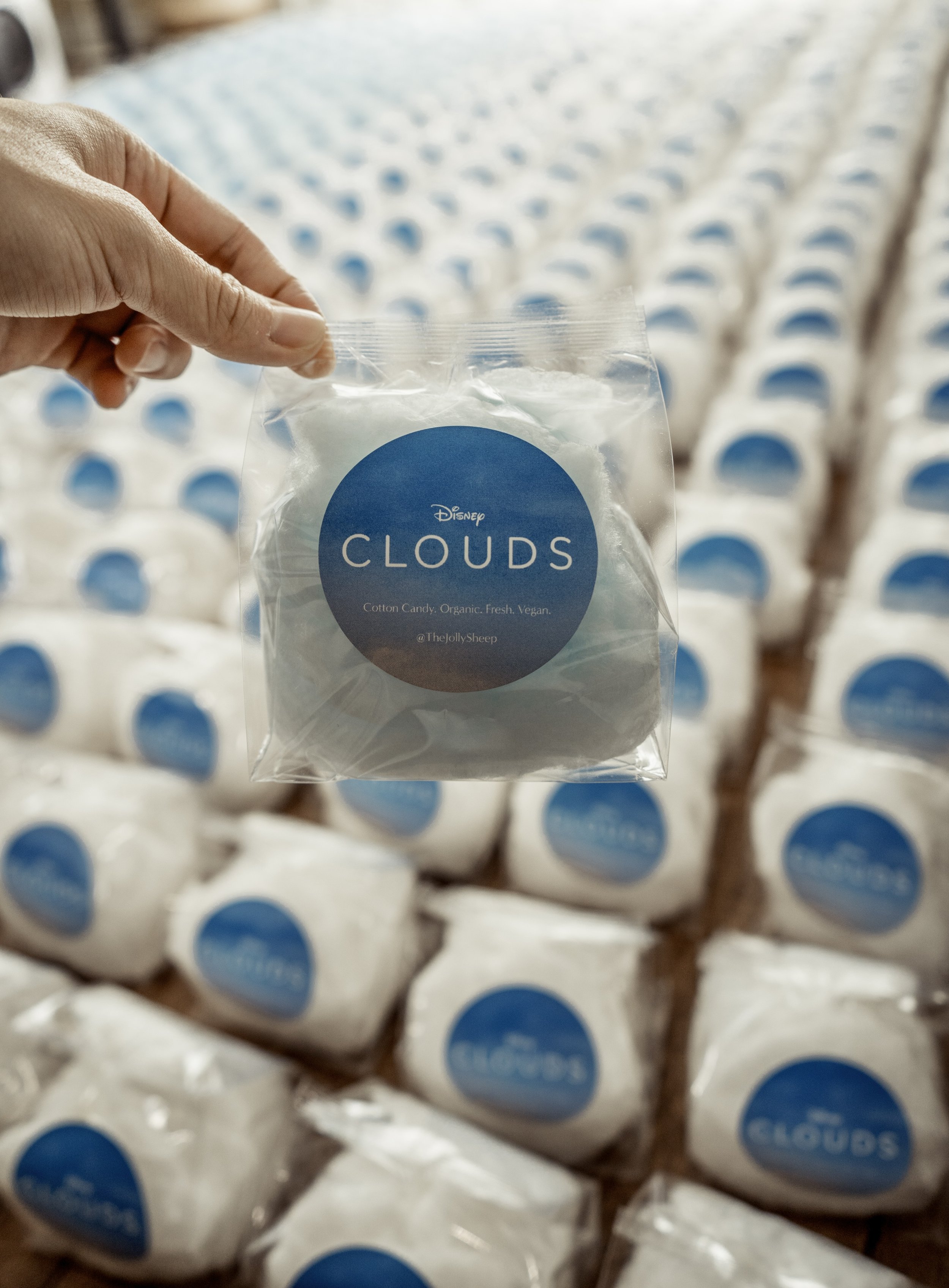 Branded Disney+ Clouds cotton candy units packaged for the drive-in premiere in Santa Monica